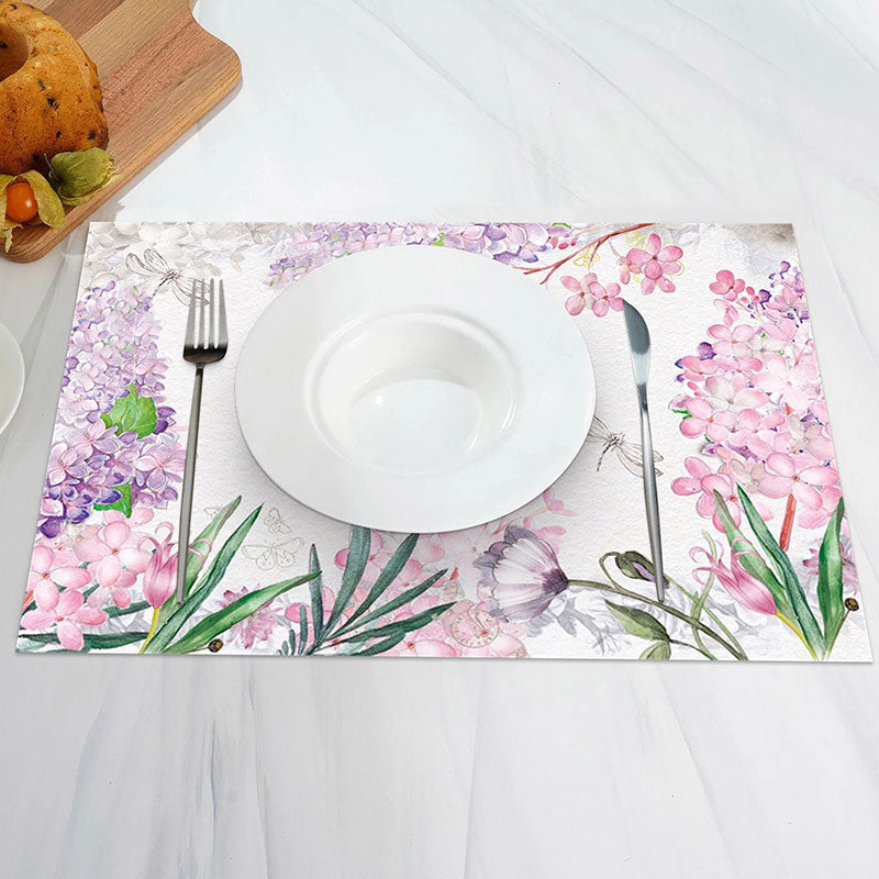 Aperturee - Pink Purple Floral Leaves Spring Set Of 4 Placemats