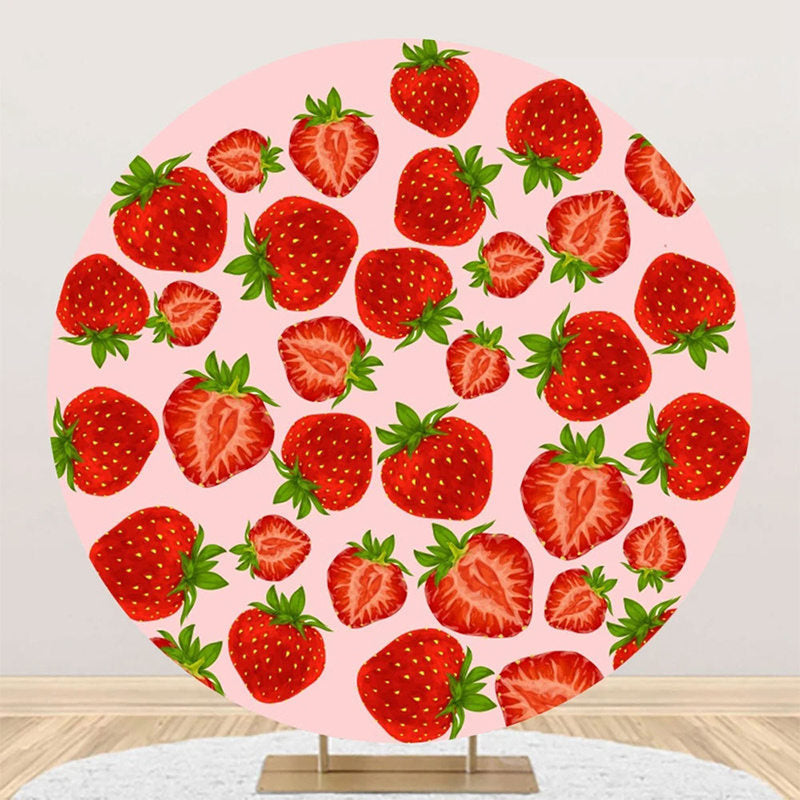 Aperturee - Pink Red Cut Strawberry Round Backdrop For Birthday