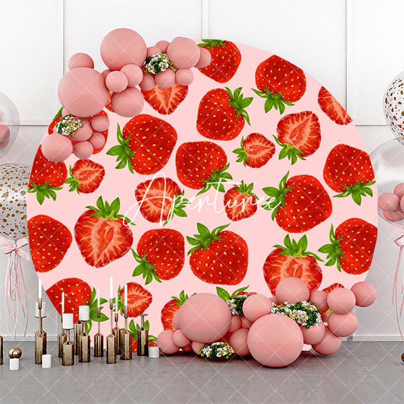 Aperturee - Pink Red Cut Strawberry Round Backdrop For Birthday