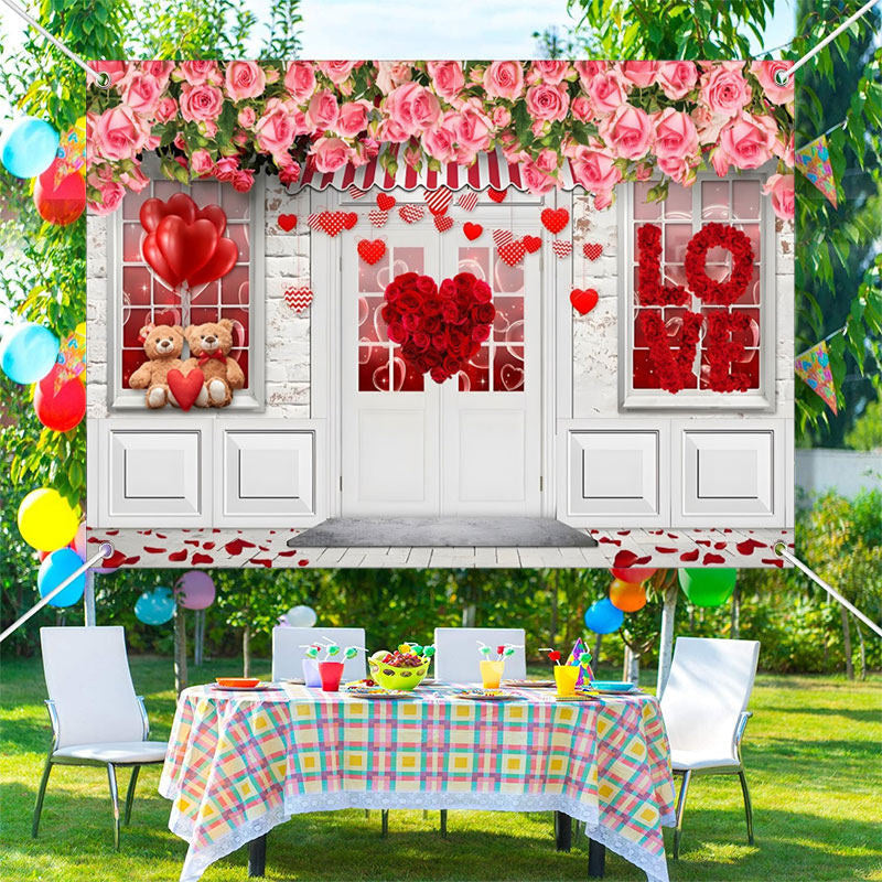 Aperturee - Pink Red Roses White Door Valentines Day Backdrop