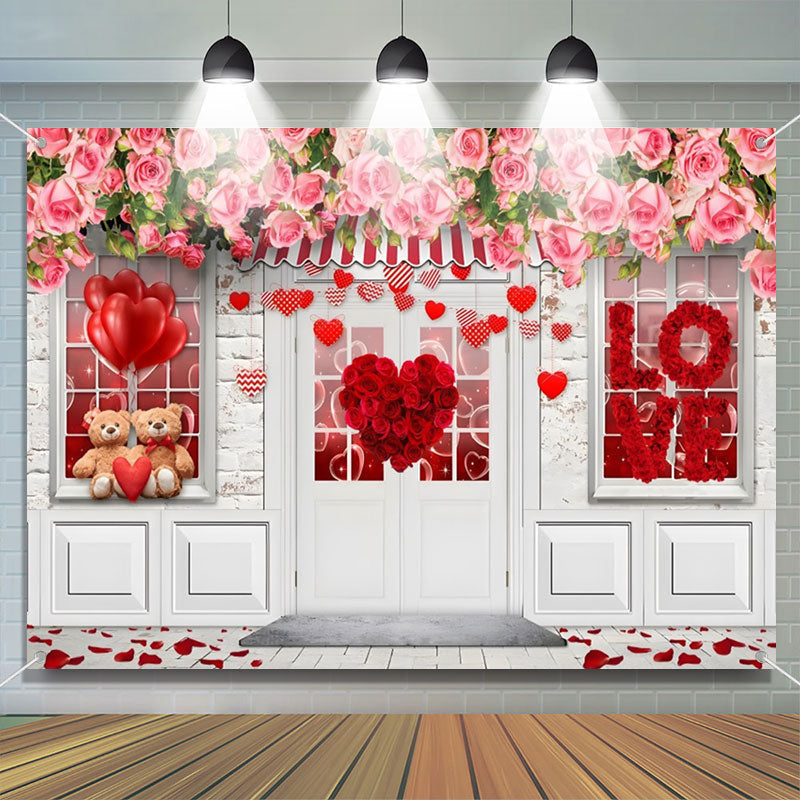 Aperturee - Pink Red Roses White Door Valentines Day Backdrop