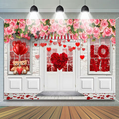 Aperturee - Pink Red Roses White Door Valentines Day Backdrop