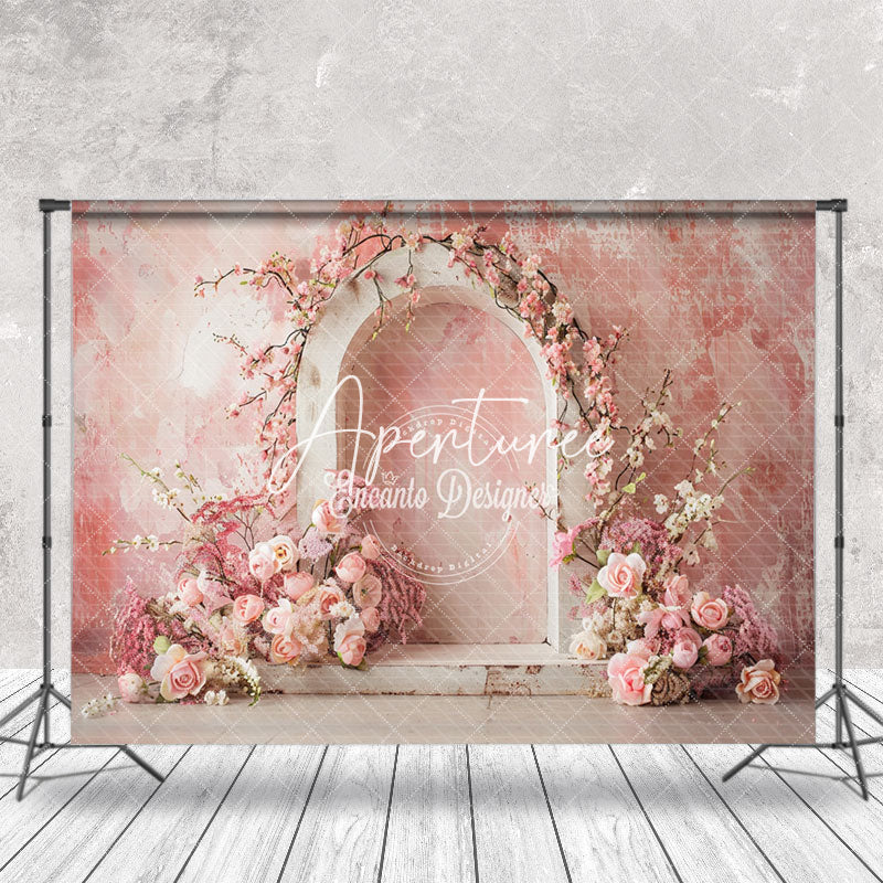 Aperturee - pink retro abstract wall arch floral Wedding Backdrop