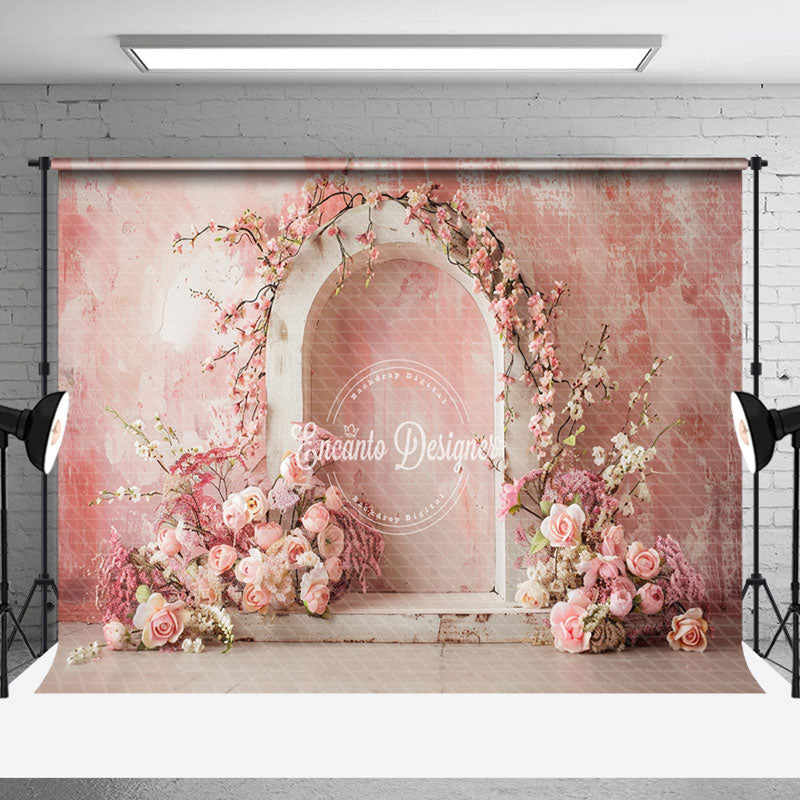 Aperturee - pink retro abstract wall arch floral Wedding Backdrop