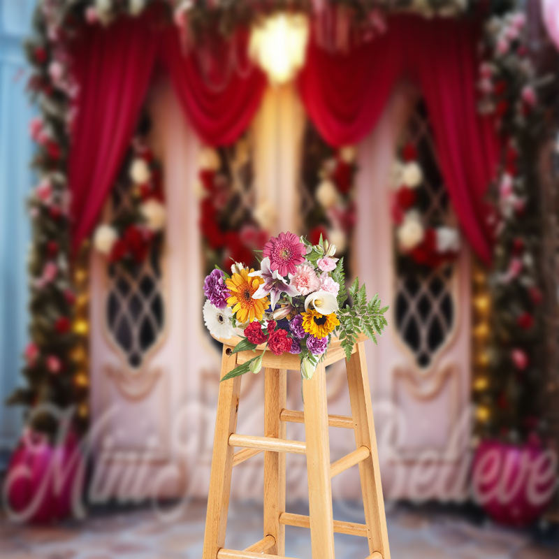 Aperturee - Pink Retro Door Red Curtain Floral Photo Backdrop