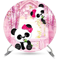 Aperturee - Pink Room Floral Panda Round Birthday Party Backdrop