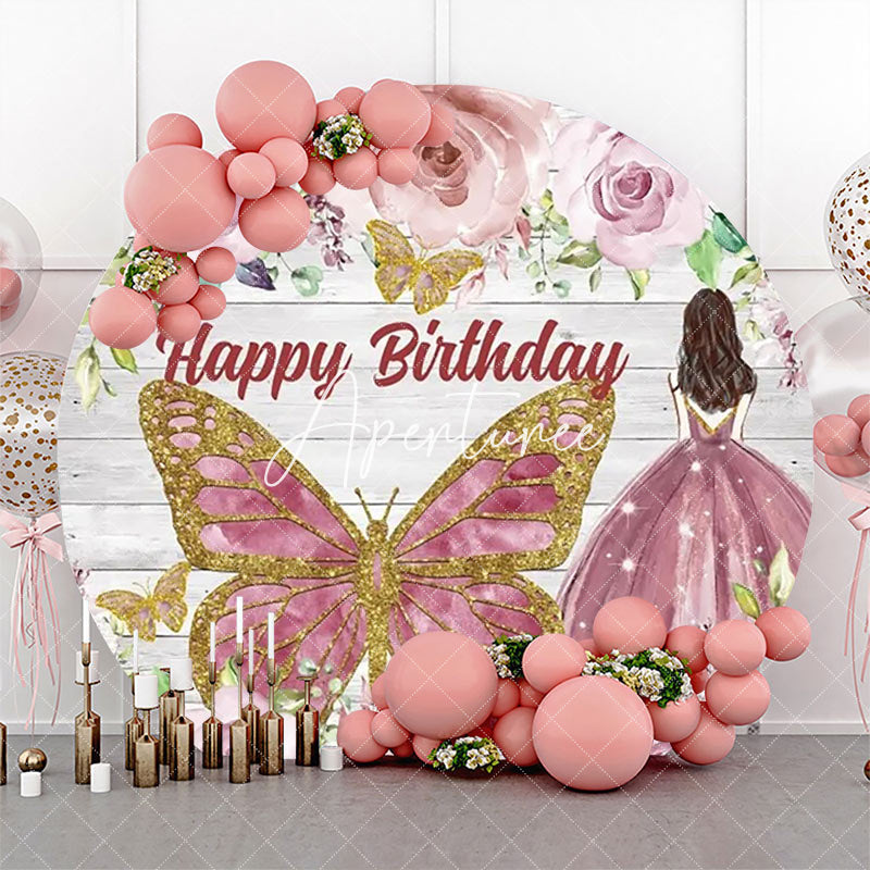 Aperturee - Pink Rose Butterfly Wooden Round Birthday Backdrop