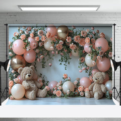 Aperturee - Pink Rose Cute Teddy Bear Cake Smash Photo Backdrop