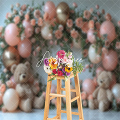 Aperturee - Pink Rose Cute Teddy Bear Cake Smash Photo Backdrop