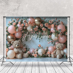 Aperturee - Pink Rose Cute Teddy Bear Cake Smash Photo Backdrop