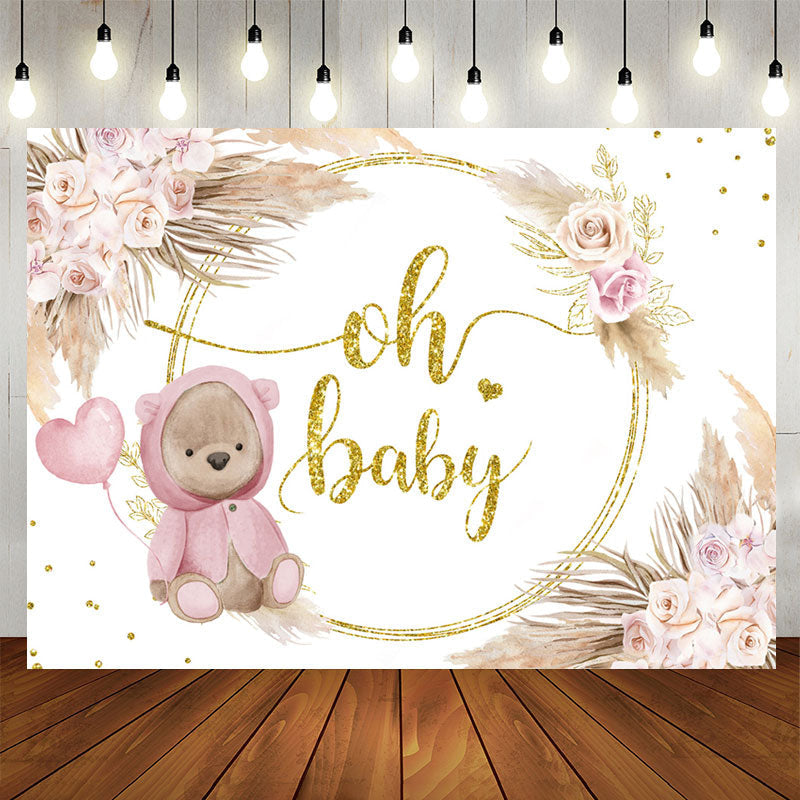 Aperturee - Pink Rose Gold Oh Baby Bear Floral Baby Shower Backdrop