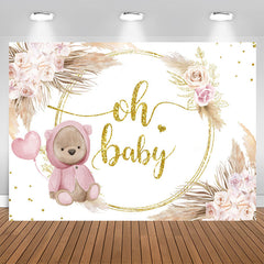 Aperturee - Pink Rose Gold Oh Baby Bear Floral Baby Shower Backdrop