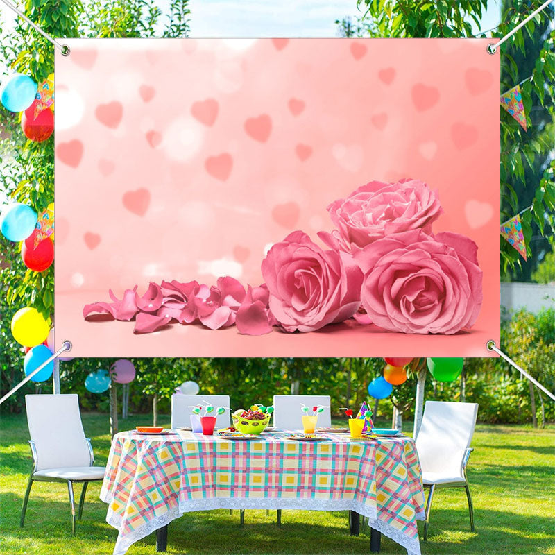 Aperturee - Pink Rose Petals Heart Bokeh Valentines Day Backdrop