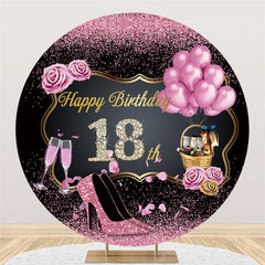 Aperturee Pink Roses Black Round Happy 18Th Birthday Backdrop