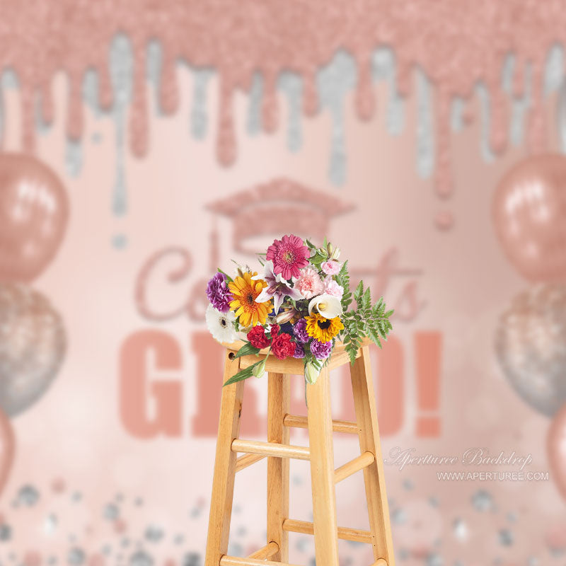 Aperturee - Pink Silver Balloons Diamond Congrats Grad Backdrop