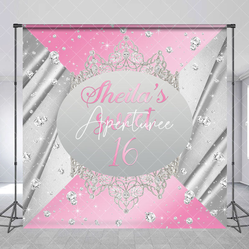 Aperturee - Pink Silver Crown Custom Sweet 16 Birthday Backdrop