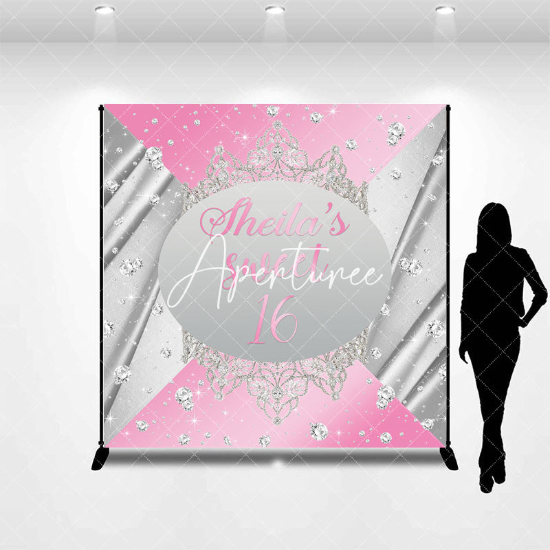 Aperturee - Pink Silver Crown Custom Sweet 16 Birthday Backdrop