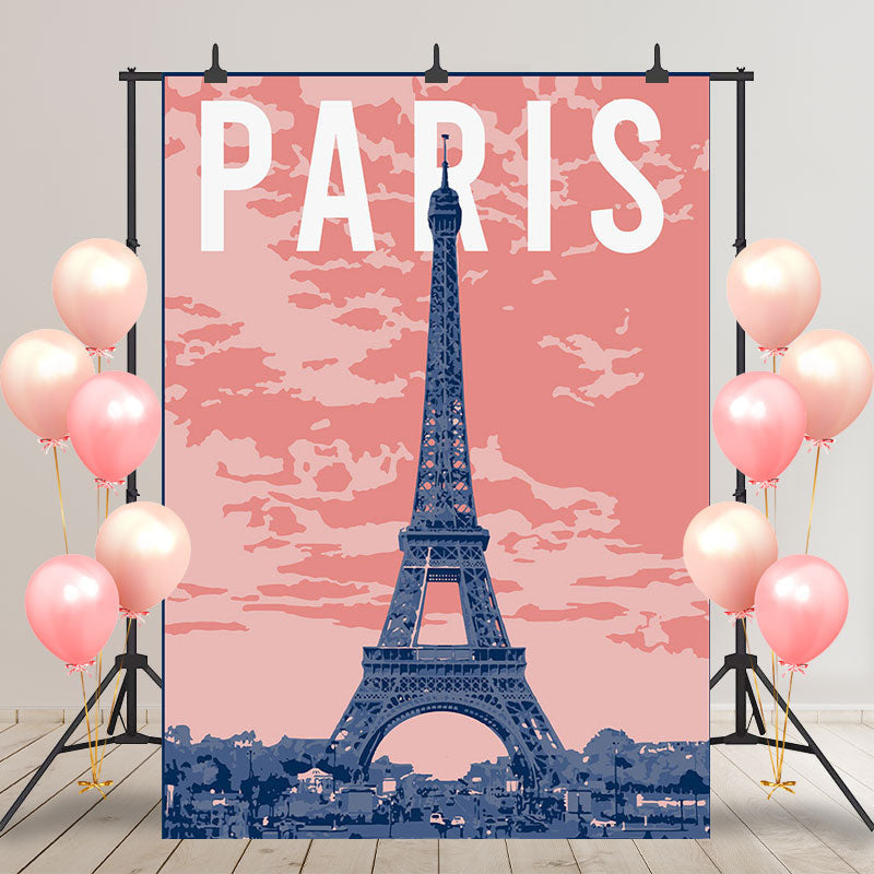 Aperturee - Pink Sky Cloud Eiffel Tower Paris Birthday Backdrop