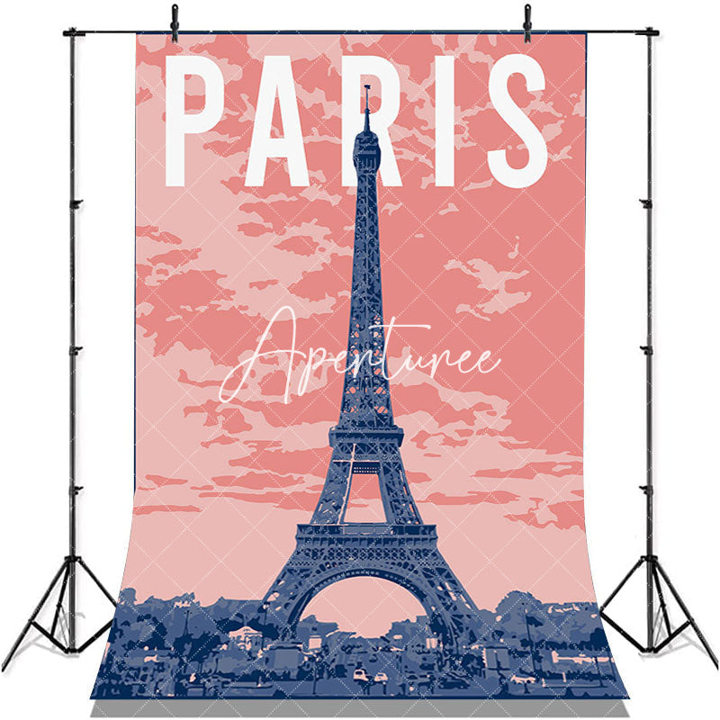 Aperturee - Pink Sky Cloud Eiffel Tower Paris Birthday Backdrop