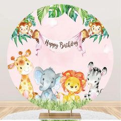 Aperturee - Pink Sky Monstera Animals Round Birthday Backdrop