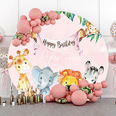 Aperturee - Pink Sky Monstera Animals Round Birthday Backdrop