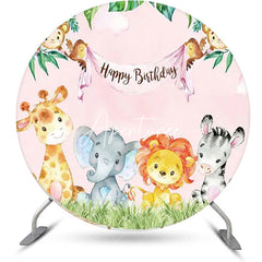 Aperturee - Pink Sky Monstera Animals Round Birthday Backdrop