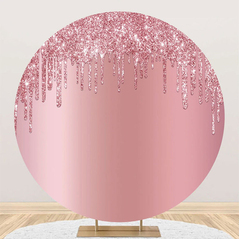 Aperturee - Pink Solid Color Glitters Round Birthday Backdrop