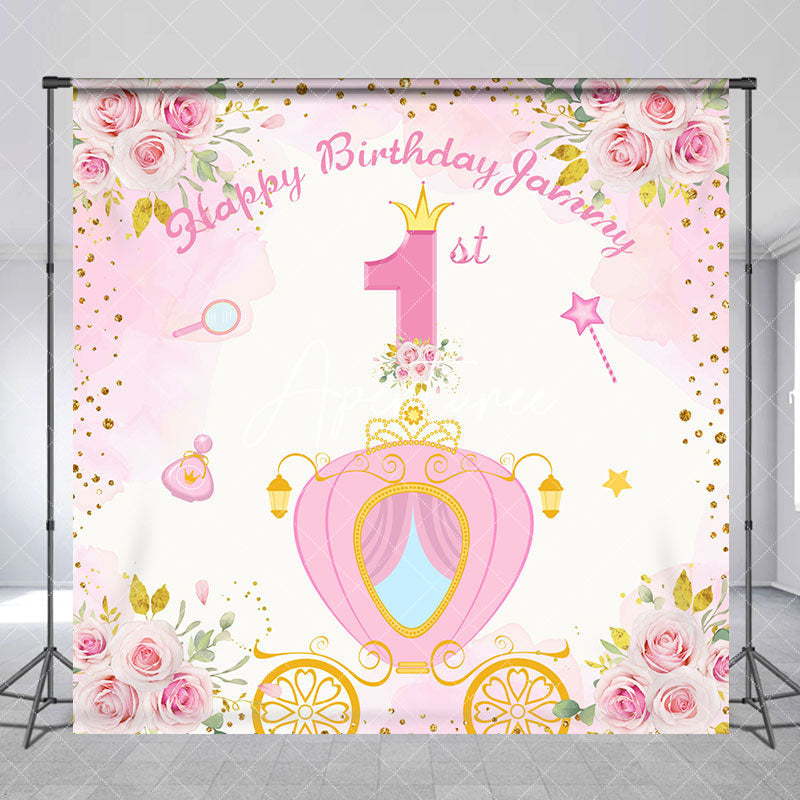 Aperturee - Pink Spring Floral Carriage Custom Birthday Backdrop