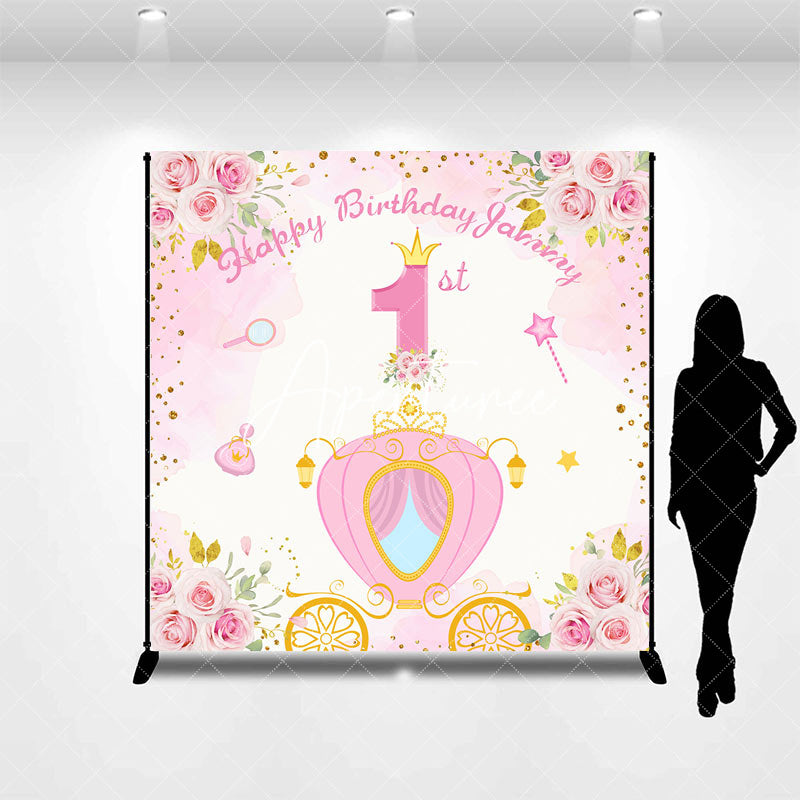 Aperturee - Pink Spring Floral Carriage Custom Birthday Backdrop