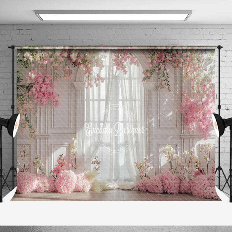 Aperturee - Pink Spring Floral Retro White Wall Wedding Backdrop