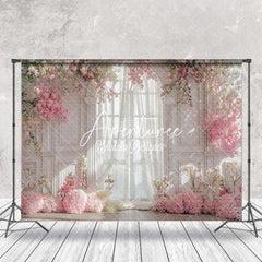 Aperturee - Pink Spring Floral Retro White Wall Wedding Backdrop