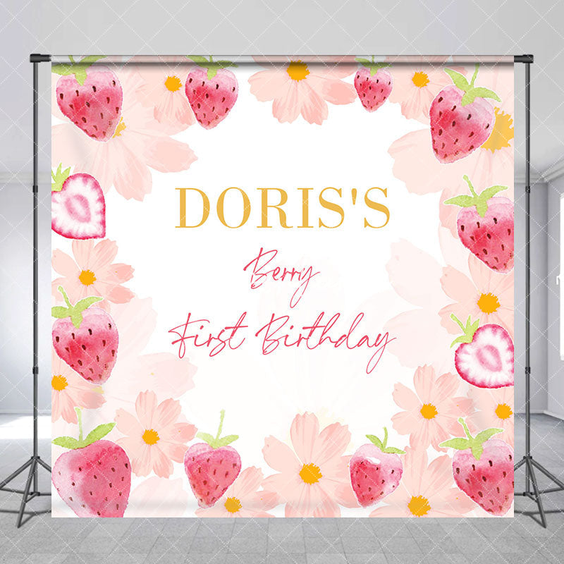 Aperturee - Pink Strawberry Floral Custom 1st Birthday Backdrop