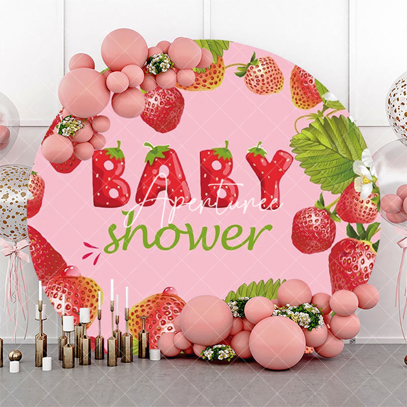 Aperturee - Pink Strawberry Leaves Round Baby Shower Backdrop