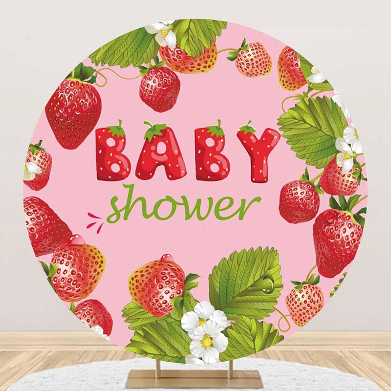 Aperturee - Pink Strawberry Leaves Round Baby Shower Backdrop