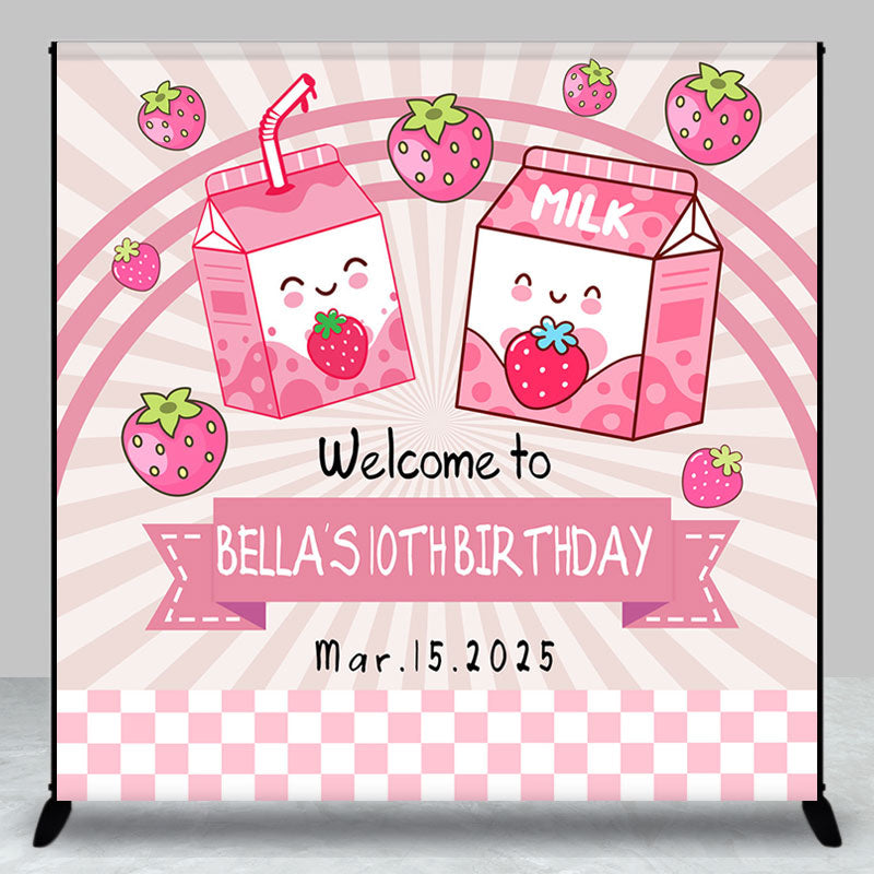 Aperturee - Pink Strawberry Milk Customized Birthday Backdrop