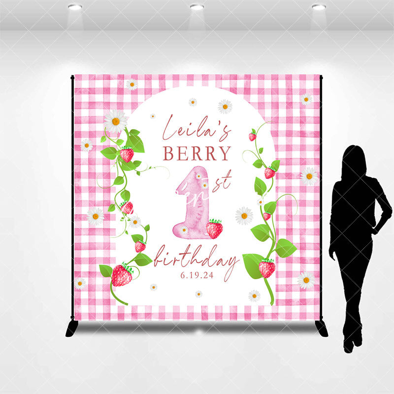 Aperturee - Pink Strawberry Plaid Custom 1st Birthday Backdrop