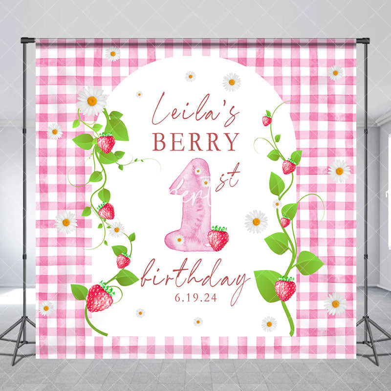 Aperturee - Pink Strawberry Plaid Custom 1st Birthday Backdrop