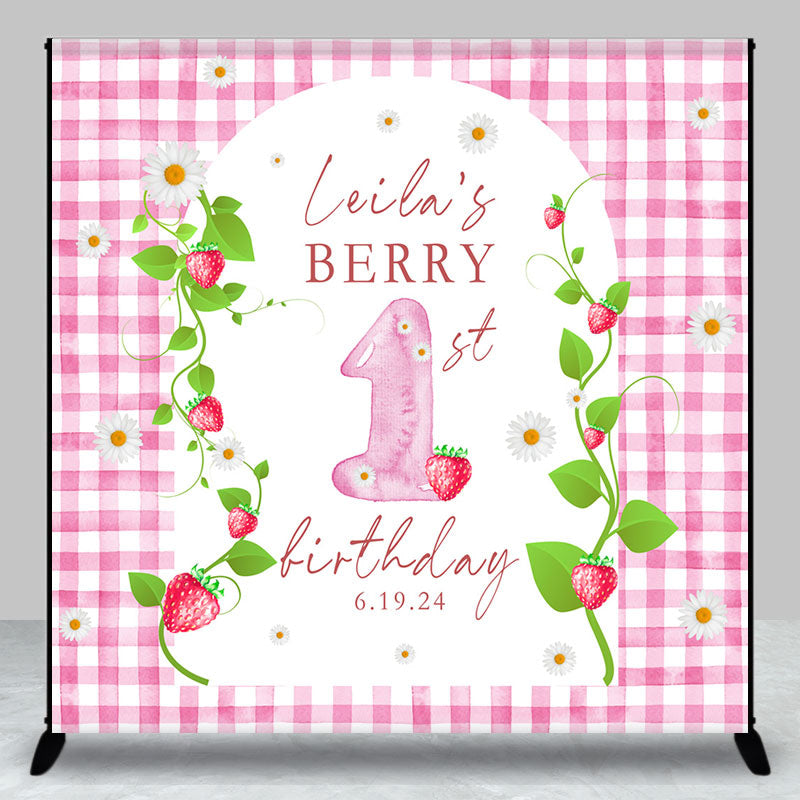 Aperturee - Pink Strawberry Plaid Custom 1st Birthday Backdrop