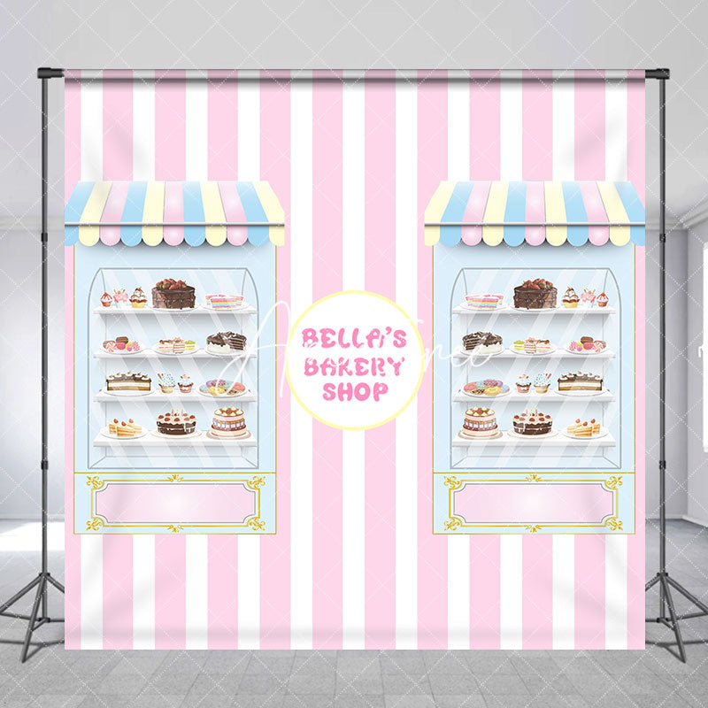 Aperturee - Pink Stripe Bakery Shop Custom Birthday Backdrop