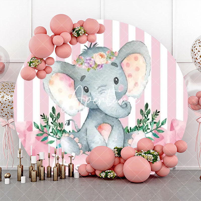 Aperturee - Pink Stripe Elephant Leaf Round Baby Shower Backdrop