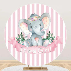 Aperturee - Pink Stripe Elephant Leaf Round Baby Shower Backdrop