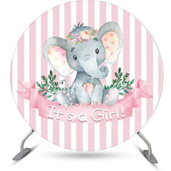 Aperturee - Pink Stripe Elephant Leaf Round Baby Shower Backdrop