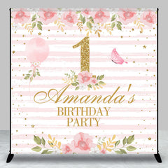 Aperturee - Pink Stripe Flowers Custom 1st Birthday Backdrop