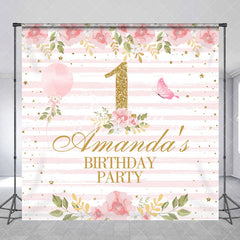 Aperturee - Pink Stripe Flowers Custom 1st Birthday Backdrop