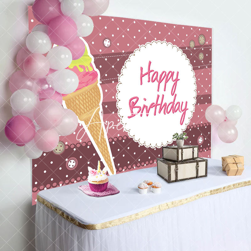 Aperturee - Pink Stripe Ice Cream Birthday Backdrop For Girls