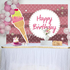 Aperturee - Pink Stripe Ice Cream Birthday Backdrop For Girls