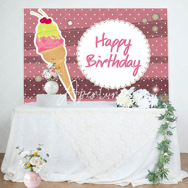 Aperturee - Pink Stripe Ice Cream Birthday Backdrop For Girls