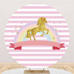 Aperturee Pink Stripe Rainbow Gold Glitter Round Backdrops for Girl