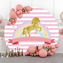 Aperturee Pink Stripe Rainbow Gold Glitter Round Backdrops for Girl