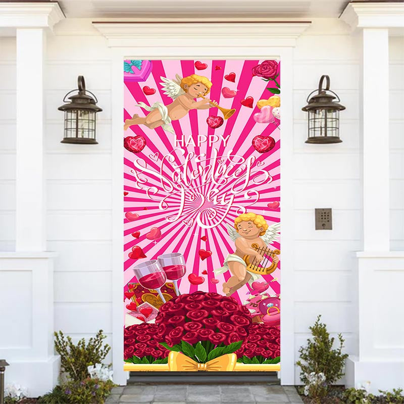 Aperturee - Pink Stripe Red Rose Angel Valentines Day Door Cover